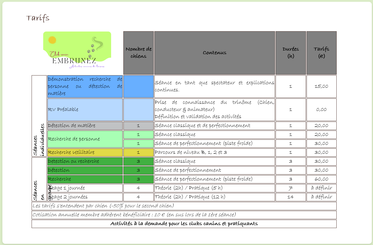 Club canin Embrunez - Tarifs et activités